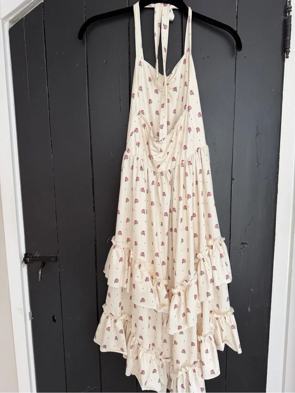 Joyfolie Cream Halter Ruffle Dress with Pink Floral Print